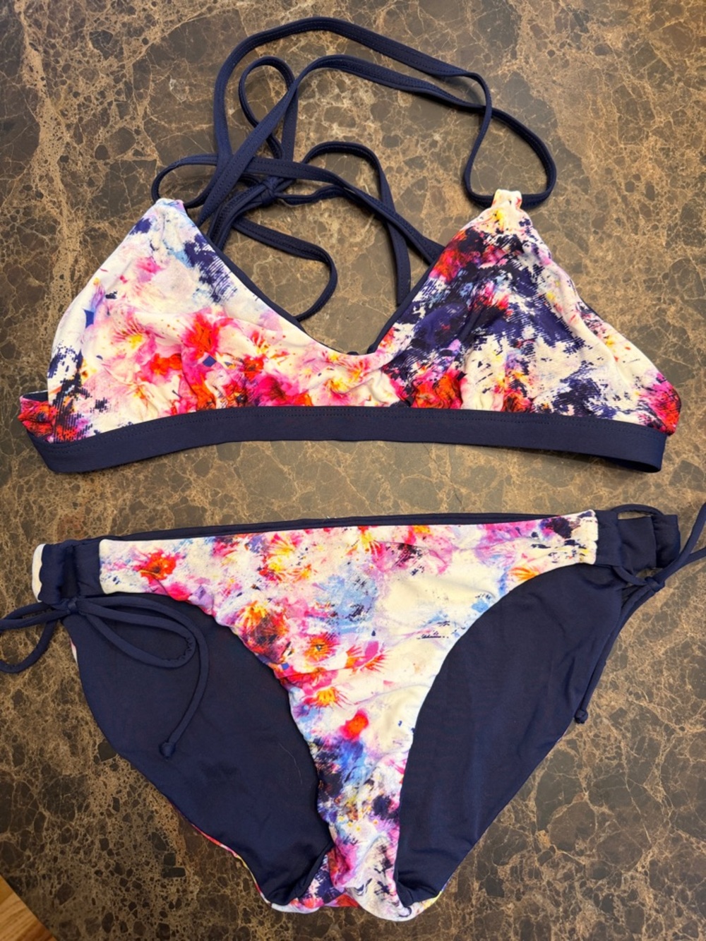 Athleta Navy and Multicolor Floral Strappy Bikini Set Reversible Size Medium